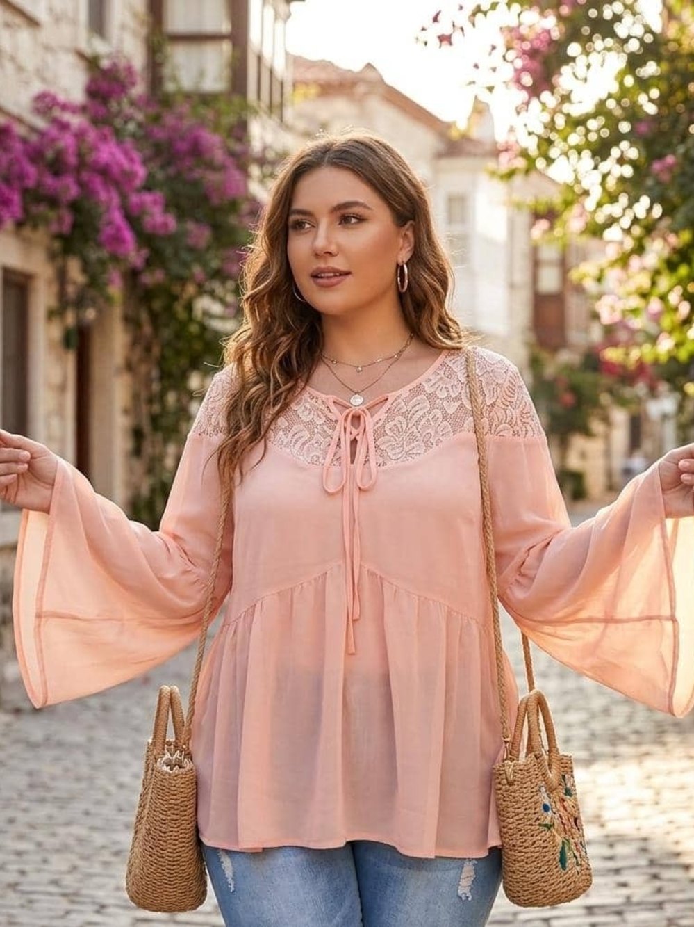 Decree Blush Lace Yoke Tie-Front Peasant Blouse• XL